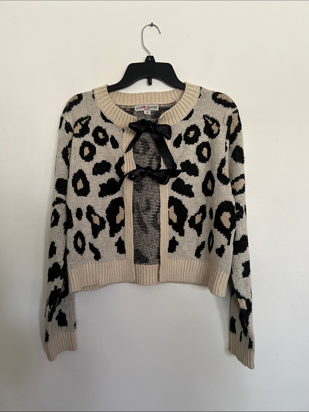 Love by Design Beige Leopard-Print Ribbon-Tie Cardigan
